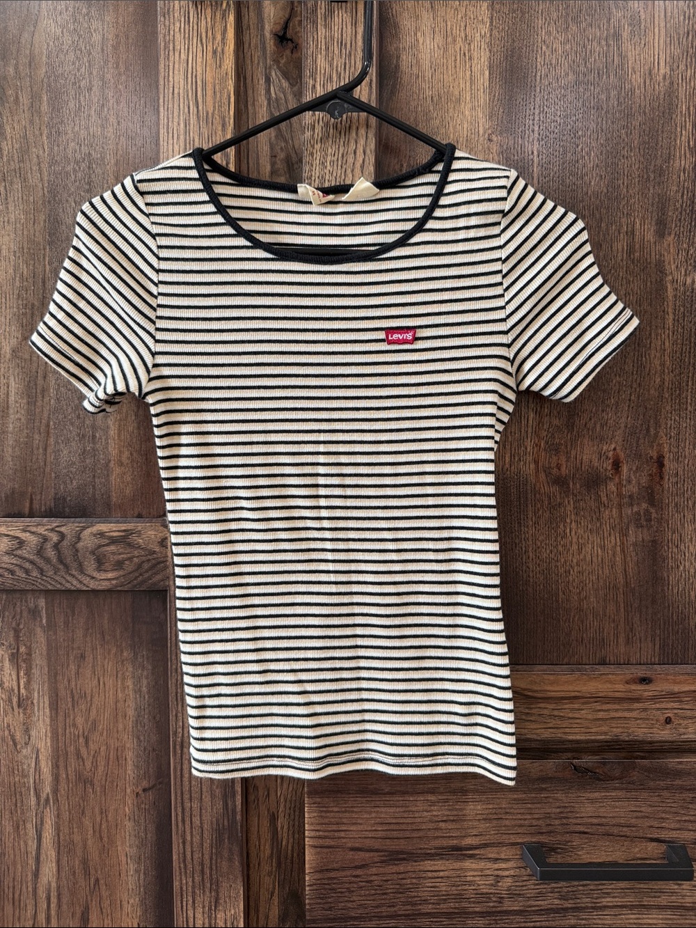 Levi's Women's Cream and Black Striped Slim Tee